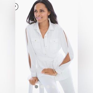 Chicos size 0 (small) NWT white shirt jacket gold buttons slit sleeves b…